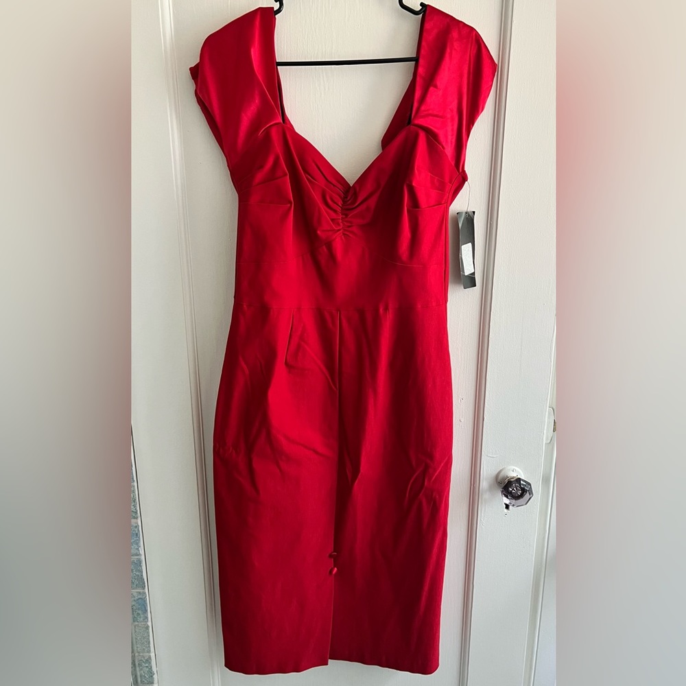 Stop Staring Red wiggle dress with satin cap sleeves and open back
